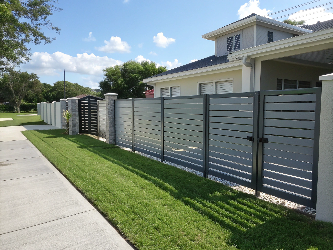 Completed slatted fencing installation