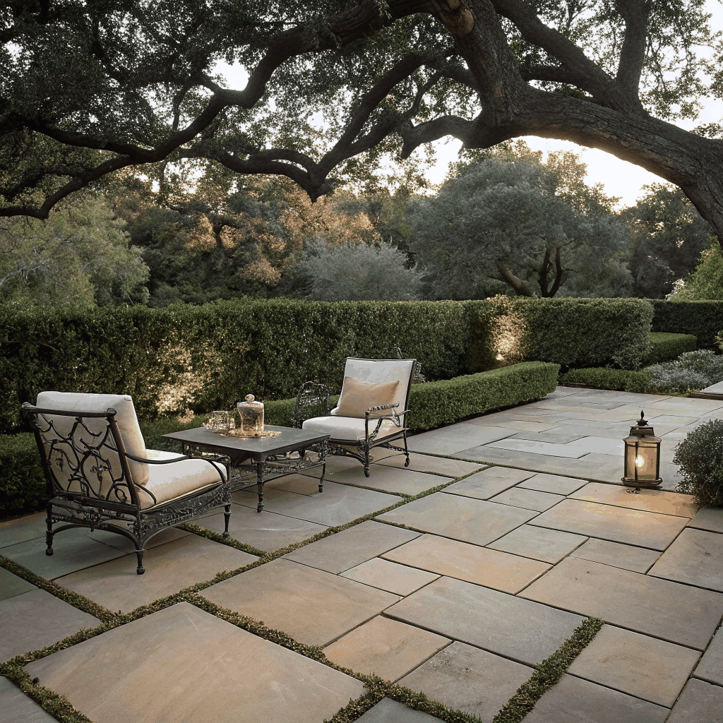 Beautifully laid natural stone patio in a garden setting