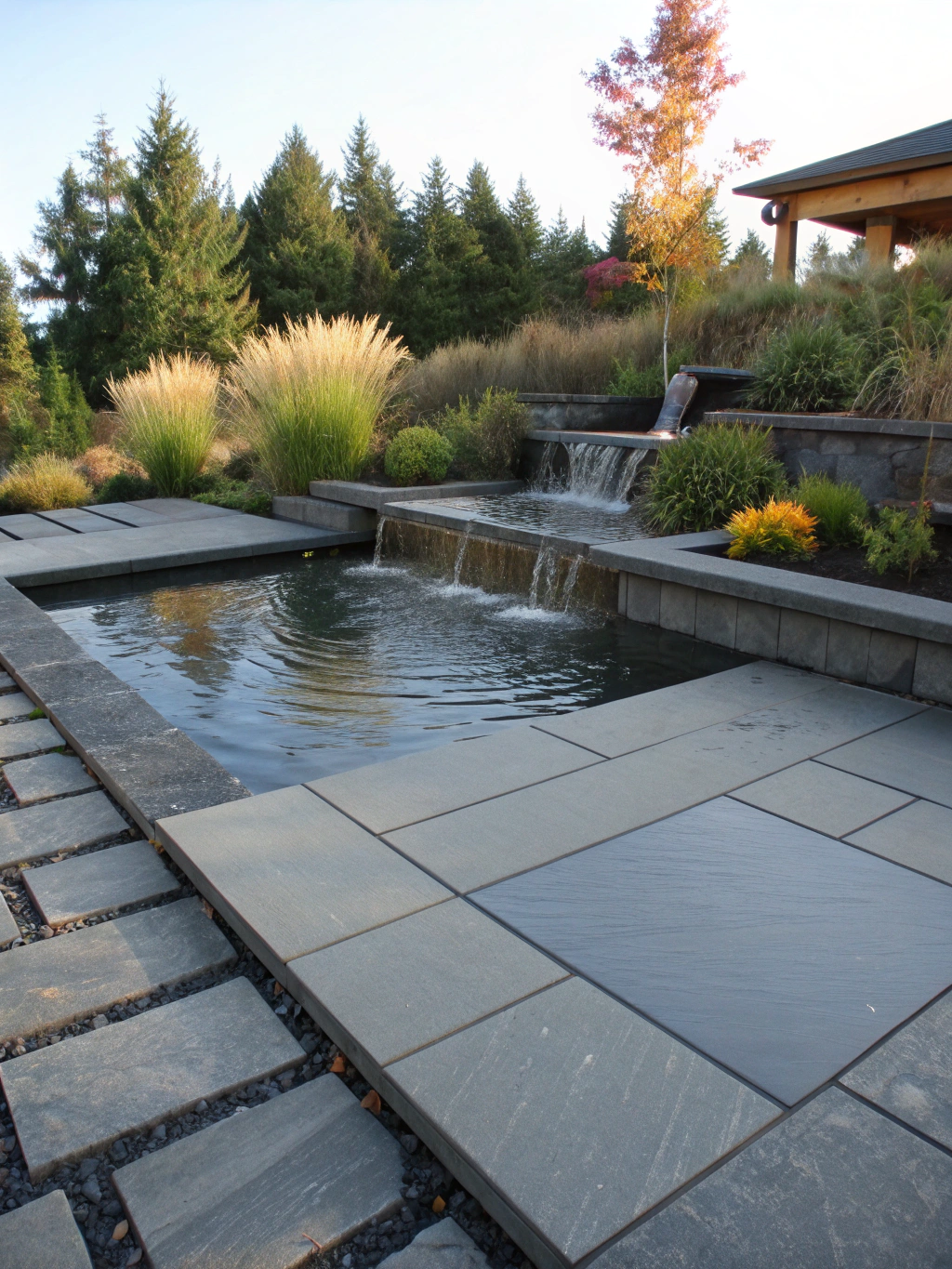 Detail of a custom water feature and high-quality stone paving