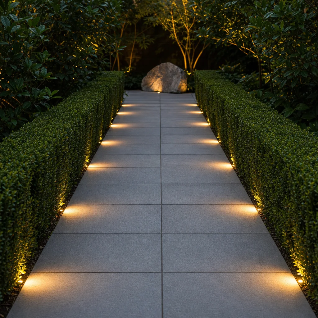 Garden landscape illuminated by warm accent lighting